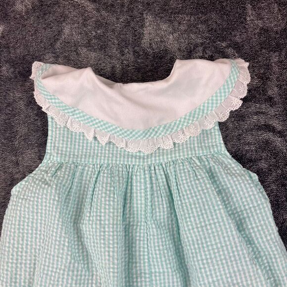 Vtg Copper Key Gingham Seersucker Peter Pan Collar Romper Girls 3T Floral - Picture 8 of 9